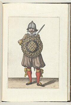 023 (swordsman, color) Book illustrations of Nassausche wapen-handelinge, van schilt, spies, rappier, ende targe