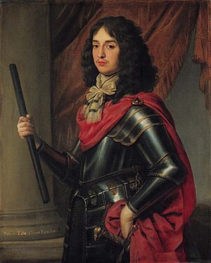 Honthorst - Portrait of Prince Edward of the Palatinate (1625-1663), three-quarter-length, in armour and a red mantle, a baton in his right hand, before a column, 1750349