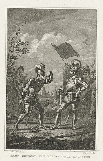 Lodewijk van der Kethulle verslaat de Spaanse ruiter, 1591 Kamp-gevecht van Rijhove voor Deventer (titel op object), RP-P-OB-80.113