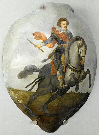 NG-NM-2970 Schild van een schildpad beschilderd met een portret van Frederik Hendrik (1584-1647), prins van Oranje, te paard