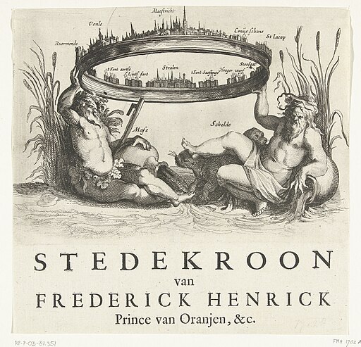 Allegorie op de verovering van Maastricht en andere steden, 1632 Stedekroon van Frederick Henrick Prince van Oranjen, &c. (titel op object), RP-P-OB-81.351