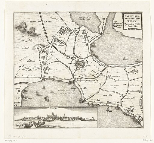 Beleg van Hulst, 1645 Obsidio Hulstenae Civitatis et Fortality MDCXLV Belägerung Hulst. Anno 1645 (titel op object), RP-P-1909-443