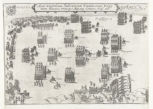 De Staatse en Spaanse legers staan tegenover elkaar op het strand bij Nieuwpoort (linkerblad), 1600, RP-P-OB-80.539A