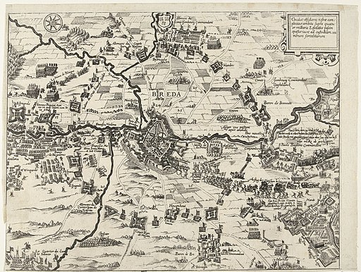 Kaart van het beleg van Breda, 1624 Circulus obsidionis nostrae complectitur ambitu supra quatuor milliaria Equitatus (titel op object), RP-P-OB-81.085