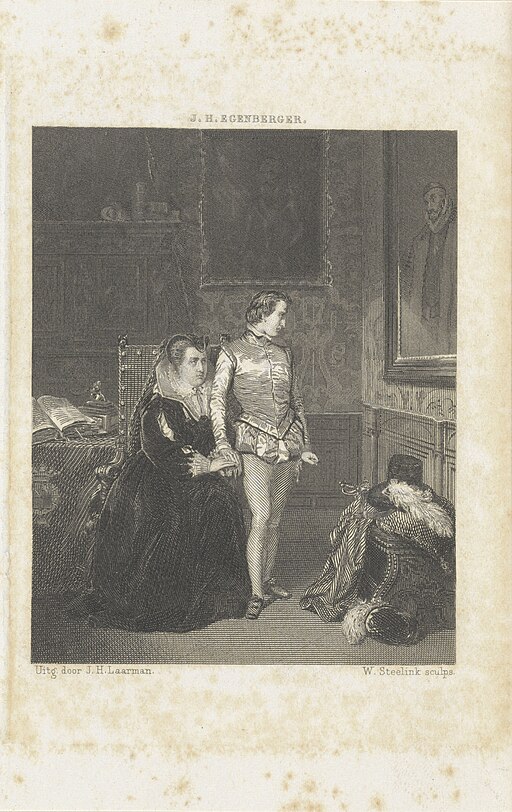 Louise de Colligny met Frederik Hendrik bij het portret van Willem I, RP-P-1908-4407