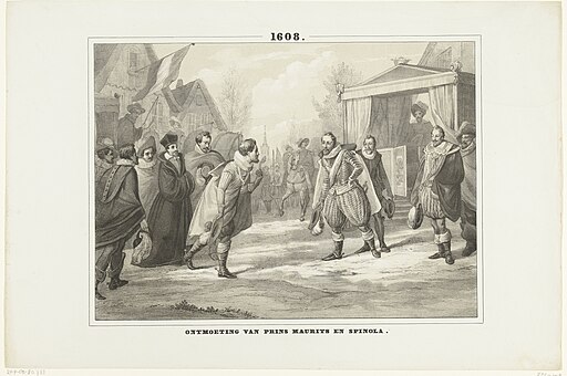 Maurits en Spinola ontmoeten elkaar bij Rijswijk, 1608 1608 Ontmoeting van prins Maurits en Spinola (titel op object), RP-P-OB-80.733