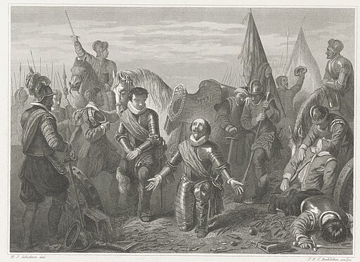 Maurits knielt in dank na de overwinning bij de slag bij Nieuwpoort, 1600 Maurits, na den slag bij Nieuwpoort (titel op object), RP-P-OB-80.556