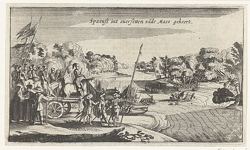 Mislukt poging van het Spaanse leger om de Maas te steken, 1632 Spaense int oversetten vande Maes gekeert (titel op object), RP-P-OB-81.339