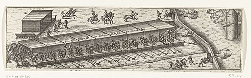 Overdekte stormbrug gebruikt door het Staatse leger bij het beleg van Sluis, 1604, RP-P-OB-80.670