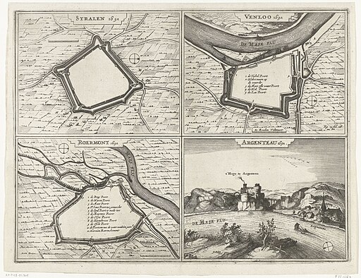 Plattegronden van Straelen, Venlo en Roermond en gezicht op het kasteel van Argenteau, 1632, RP-P-OB-81.308