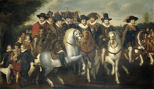 Prins Maurits vergezeld door zijn twee broeders, Frederik V, keurvorst van de Palts en enkele graven van Nassau te paard Rijksmuseum SK-A-445