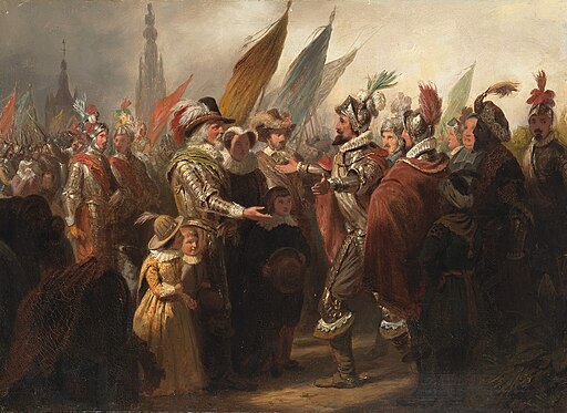 SA 5052-Anno 1625. Spinola wenst de Nederlandse krijgsoversten na de inneming van Breda geluk met hun kloekheid