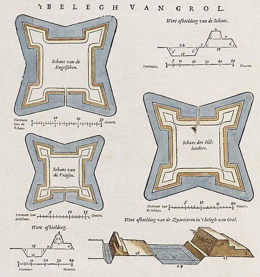 Siege of Grol 1597 - Fortifications of the English , Frisian and Hollandish troops (J.Blaeu, 1649)