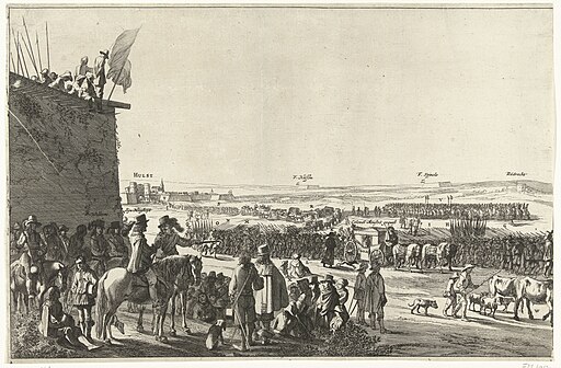 Uittocht van het Spaanse garnizoen uit Hulst (linkerblad), 1645 Uyt Toocht der 'Stadt Hulst (titel op object), RP-P-OB-81.566A