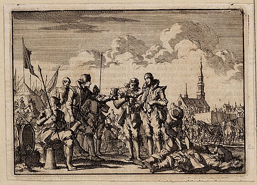 Vriendschappelijke ontmoeting van Spaanse en Hollandse soldaten tijdens een wapenstilstand bij het beleg van Breda door prins Frederik Hendrik (Jan Luyckyen, 1698)