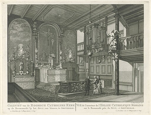 Interieur van de Rooms Katholieke schuilkerk op de Boommarkt te Amsterdam Gezicht van de Roomsch Catholyke Kerk op de Boommarkt by het Spui van binnen, te Amsterdam (titel op object), RP-P-1905-582
