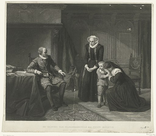 De moeder, vrouw en zoon van Reinier van Oldenbarnevelt smeken Maurits om genade, 1623 De weduwe van Oldenbarneveld bij prins Maurits genade vragende voor haren zoon (titel op object), RP-P-OB-81.033