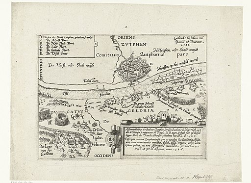 Beleg van Zutphen door Leicester, 1586 Affconterfeijtinge der stadt van Zutphen, Soe sijn Exelentie de belegert heft, met alle de Schansen, Loopgravens ende Vloegels, soe de, tegen de stadt, over op de Isell leggen, Oec, RP-P-OB-80.041