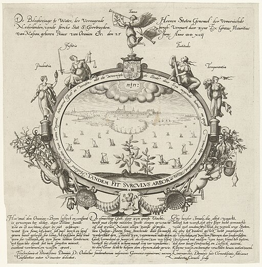Allegorie op de inname van Geertruidenberg, 1593 De Belegheringe te Water, der Vermogende Heeren Staten Generael der Vereenichde Nederlanden, vande stercke Stat S Geertruydenbergh. Verovert door zyne Ex Grave Mauritius , RP-P-OB-80.140