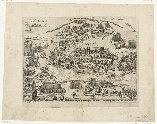 Hendrik IV neemt La Fère in, 1596 Welcher gestalt der konig von Franckreich und Navara nag seiner absulusion die statt Lafera belegert und erobert Den 20 May Anno 1596 als weider durch die Ziffer erklert wirt (titel op , RP-P-OB-78.744