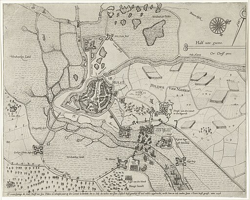 Beleg van Hulst door aartshertog Albrecht, 1596 Of-conterfeytinge der Stad Hulst met syne Polders ende Schansen, waer op den Coronel la Borlotte den 10. Iulij des nachts met synen aenslach heeft gemaket ende veel volcks, RP-P-OB-80.187