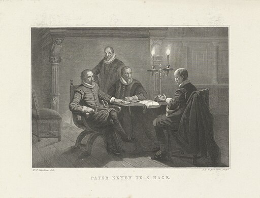 Onderhandelingen over een bestand tussen pater Jan Neyen, prins Maurits en Johan van Oldenbarnevelt te Den Haag, 1607 Pater Neyen te 's Hage (titel op object), RP-P-OB-73.745