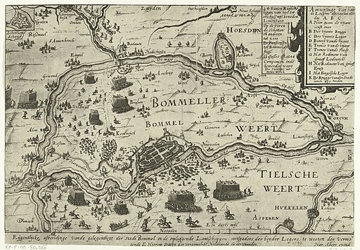 De strijd in de Bommelerwaard, 1599 Eijgentlijcke afbeeldinge vande gelegentheyt der Stadt Bommel en de omliggende Lantschappen mitsgaders der beyden Legers, te weeten der vermogende E. Heeren Staten der vereenichde Ned, RP-P-OB-80.386