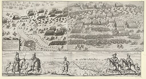 De slag bij Nieuwpoort gecombineerd met portretten van Albrecht en Isabella met Mendoza en Maurits en Frederik Hendrik te paard voor het slagveld, 1600, RP-P-OB-80.454A