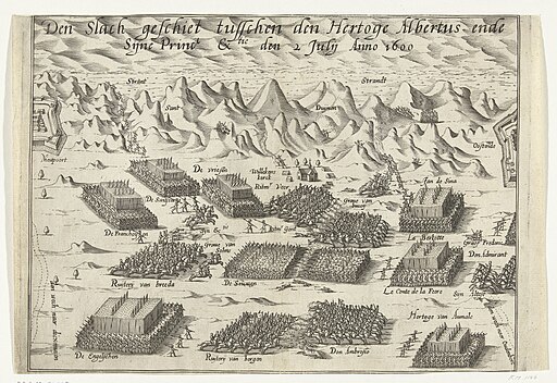 De slag bij Nieuwpoort, 1600 Den Slach geschiet tusschen den Hertoge Albrecht ende Sijne Prince Ex.tie den 2 Julij Anno 1600 (titel op object), RP-P-OB-80.548