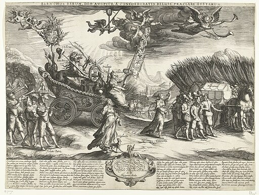 Allegorie op de overwinning op Spanje tijdens de slag bij Nieuwpoort, 1600 Elenchus rerum, deo auspice, a confoederatis Belgis praeclare gestarum (titel op object), RP-P-OB-70.090