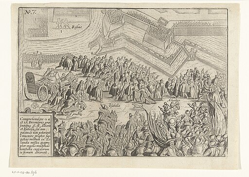 Beleg van Oostende de wapenstilstand op 24-25 december 1601 Comprehendens 24 et 25 decemberis praesentibus SM Alberto et Isabella (titel op object), RP-P-OB-80.676