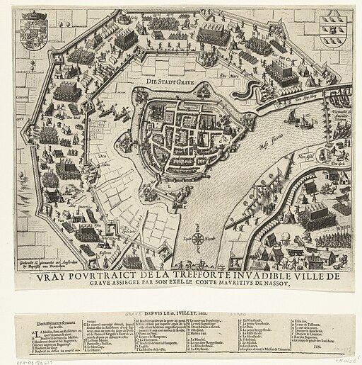 Beleg en inname van Grave door Maurits, 1602 Vray Pourtraict de la trefforte invadible ville de Grave assiegee par son exel. le conte Mauritius de Nassou (titel op object), RP-P-OB-80.621