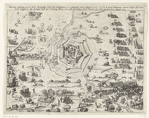 Maurits ontzet de muitende Spaanse soldaten in het kasteel van Hoogstraten, 1603 Warachtige afbeeldinge van het sterck ende geweldig Casteel van Hoogstraeten ende hoe de nieuwe Bondgenooten daerinne belegert sijn worden, RP-P-OB-80.643