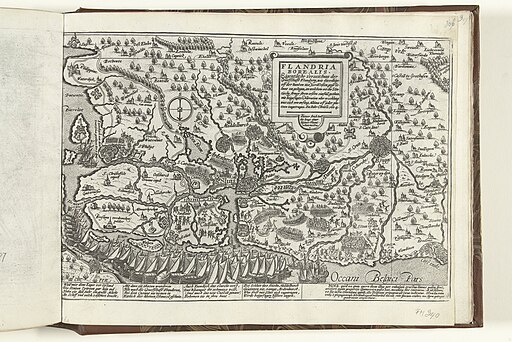 Kaart van Vlaanderen, 1604 Flandria Borealis (titel op object) Serie 10 Nederlandse en Buitenlandse Gebeurtenissen, 1587-1612 (serietitel), RP-P-OB-78.784-308