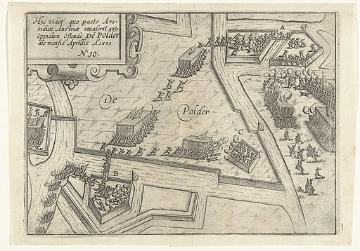 Beleg van Oostende verovering van de forten in de polder door het Spaanse leger, 1603 Hic videt quo pacto arc hidux Austriae inuaferit ante oppidum (titel op object), RP-P-OB-80.679