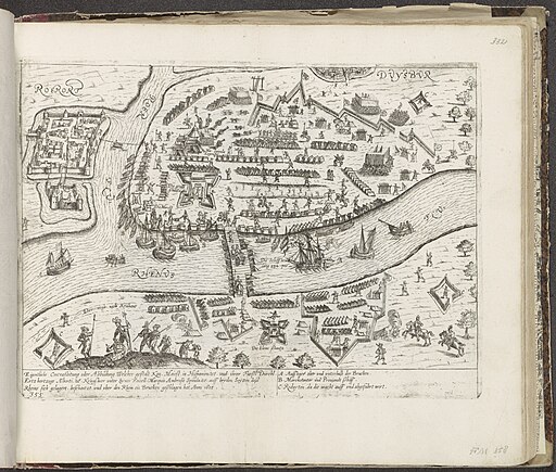 Legerkamp van Spinola voor Ruhrort, 1605 Eigentliche Contrafaitung oder Abbildung Welcher gestalt Marquis Ambrosio Spinola auff beyden Seytten dess Rheins sich gelagert, beschantzt, und uber den Rhei, RP-P-OB-78.785-332