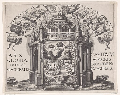 Allegorie op de eendracht tussen Brandenburg en Nassau, ca. 1615 Arx gloriae domus electoralis castrum honoris Brandenburgensis (titel op object), RP-P-1909-1353