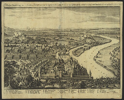 Ansicht der Stadt Höchst am Main und der Schlacht zwischen der ehemaligen Protestantischen Union unter Christian von Braunschweig-Wolfenbüttel und der Katholischen Liga unter Johann t’Serclaes Graf von Tilly, 1622