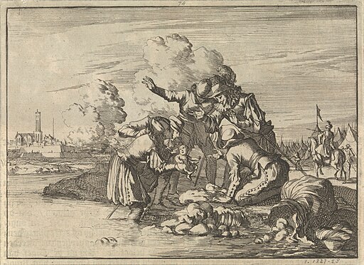 In het belegerde Bergen op Zoom werd een Spaanse soldatenvrouw door een kanonskogel gedood, haar kind werd echter levend geboren, 1622, RP-P-1896-A-19368-1431