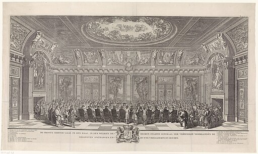 De opening van de nieuwe audiëntiezaal van de Staten-Generaal (Trêveszaal), 1697 De groote gehoor-zaal in Den Haag, in den welken de Heeren Staaten Generaal der Vereenigde Nederlanden de gesandten ontfangen, en hunne ve, RP-P-1998-608
