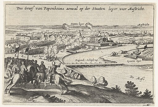 Aanval van de graaf van Pappenheim op het Staatse leger bij Maastricht, 1632 Des Graef van Papenheims aenval op der Staaten leger voor Mastricht (titel op object), RP-P-OB-81.338