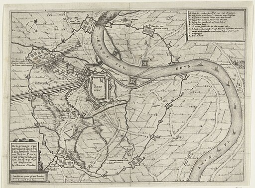 Kaart van het beleg van Rijnberg, 1633 Belegeringe van Rhynberck door syn P. Exc. Frederic Henric van Nassau Prince van Oraignen. begonnen den 13 May 1633 (titel op object), RP-P-OB-81.363