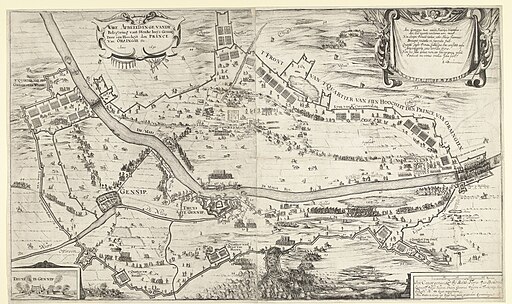Beleg van Huis te Gennep, 1641 Ware Afbeeldinge vande Belegering vant Stercke huys Gennip Door sijn Hoocheyt den Prince Van Oraingie Etc. Anno 1641 (titel op object), RP-P-BI-1051