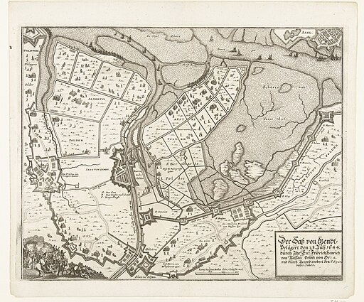 Kaart van beleg en verovering van Sas-van-Gent, 1644 Der Sass von Gendt Belägert den 28. Juli 1644. durch Ihr Ex Fridrich Henrich von Nassau Prinz von Or etc. und durch Accord erobert den 3 Septem, dieses Jahres (titel , RP-P-OB-81.539