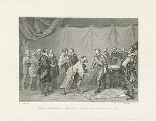 Maurits ontvangt de afgezanten van de sultan van Atjeh, 1602 Maurits ontvangt de afgezanten van den sultan van Achem op Sumatra (titel op object), RP-P-OB-73.729