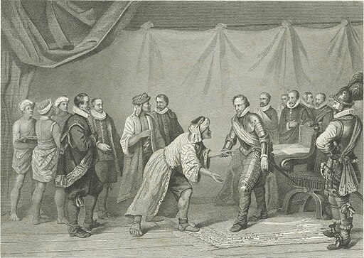 Maurits ontvangt de afgezanten van de sultan van Atjeh, 1602 Maurits ontvangt de afgezanten van den sultan van Achem op Sumatra (titel op object), RP-P-OB-73.729 (cropped)