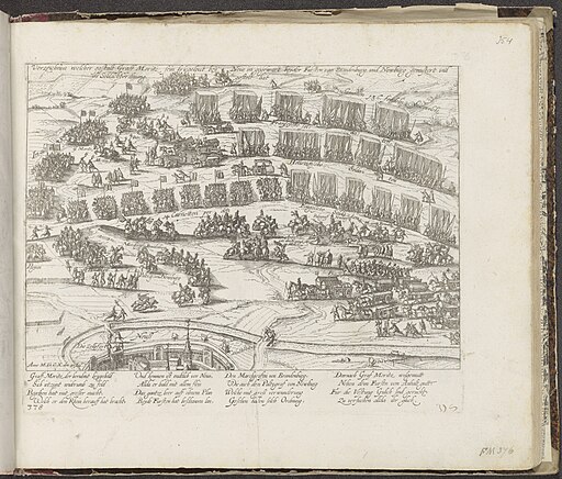 Inspectie van het leger van Maurits in slagorde bij Neuss, 1610 Verzeichnus welcher gestalt Graff Moritz sein kriegsleut bey Neus in gegewart beyder Fursten van Brandenburg und Newburg gemustert und , RP-P-OB-78.785-354