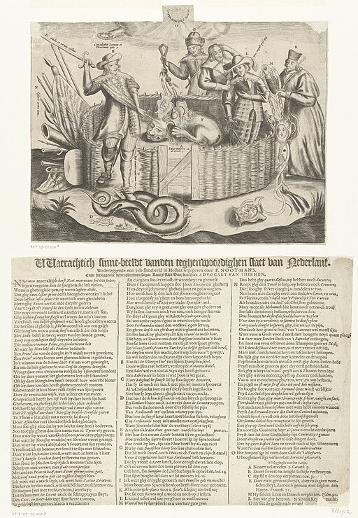 Allegorie tegen Frederik Hendrik, 1636 Waerachtich sinne-beelt vanden teghenwoordighen staet van Nederlant. Wederleggende een vals-sinnebeeld in Hollant wtgegeven door P. Noot-mans. Ende wtleggende den teghenwoordigen L, RP-P-OB-81.400A