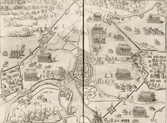 Vogelvlucht van de stad Rijnberk aan de Rijn met versterkingen - Siege of Rheinberg in 1597 by Maurice of Orange (Johannes Janssonius, 1651)
